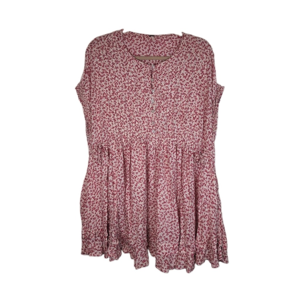 Free People Pink Red Floral Boho Mini Dress Oversized Rayon Tunic Size Small